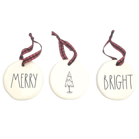 Rae Dunn Set of 3 White Christmas Ceramic Holiday Ornaments Plaid New in Box - Picture 2 of 7
